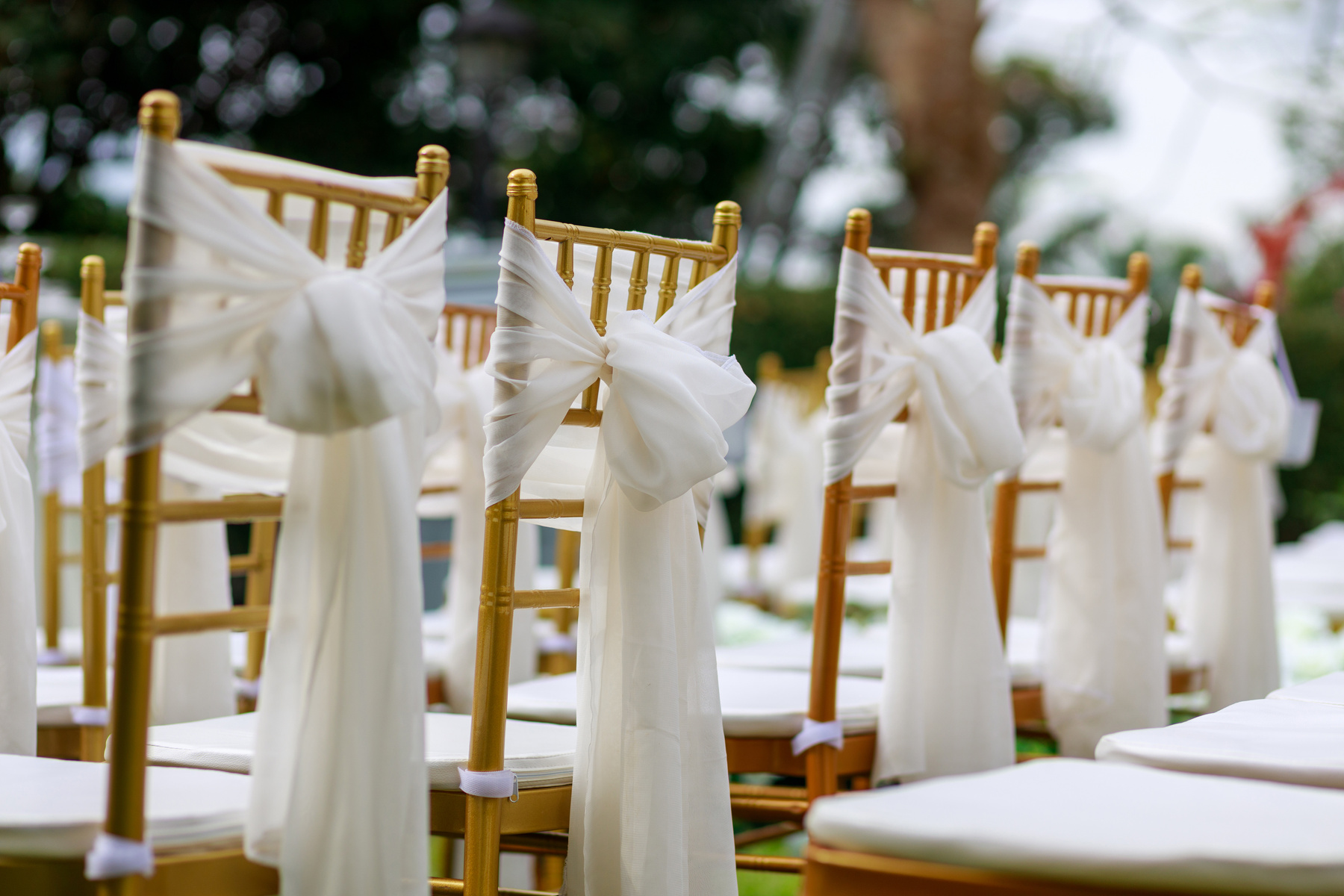 Golden chiavari chairs for outdoor garden wedding