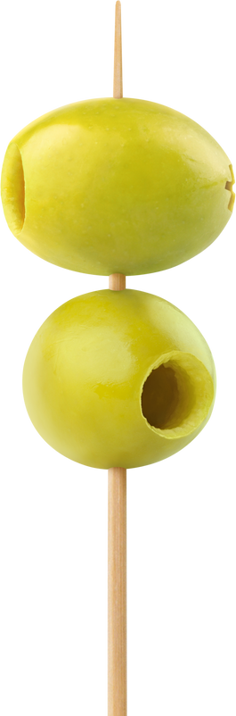 Two green pitted olives on a wooden skewer